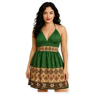 Vintage Y2K Forever 21 Green Floral Halter Babydoll Smocked Cotton Dress Size S